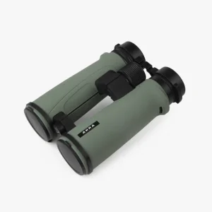 AKRA Legacy ED 10x42 binoculars in Hunter's Olive viewed from an angled perspective showcasing branding and objective lenses.