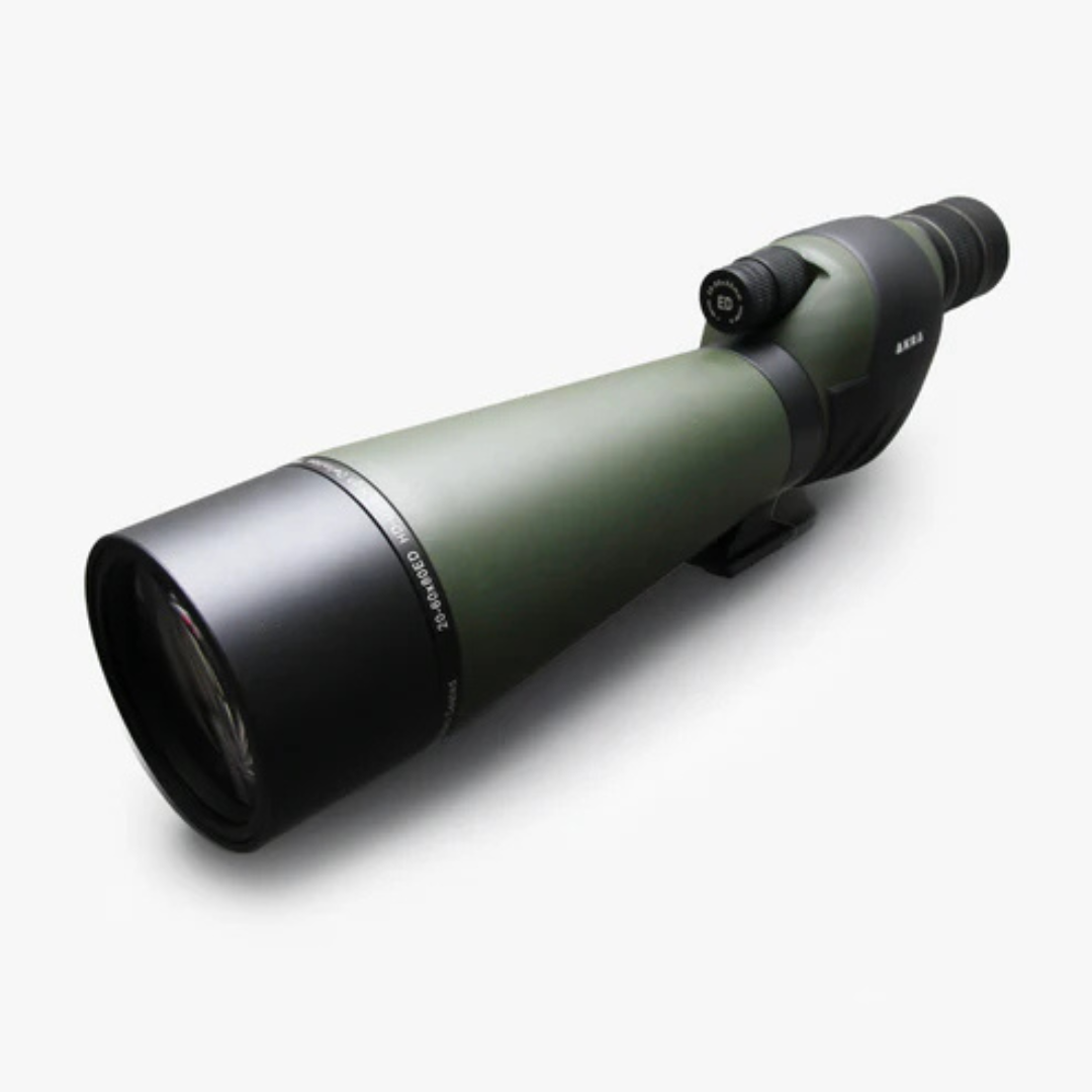 Studio view of the AKRA Legacy ED 20-60x80 spotting scope in olive green.