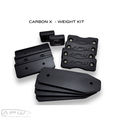 Complete APW Carbon X weight kit set showing internal weights, external M-LOK weights, mini weights, and steel spacer plates arranged on a plain white background