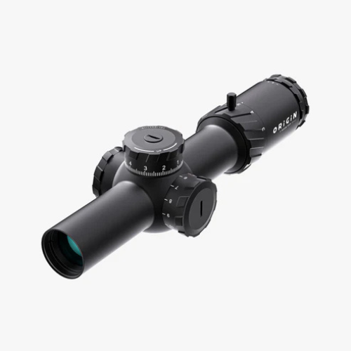 Angled 3/4 product view of the ORIGIN 1-10x28 FFP MRAD tactical LPVO riflescope.