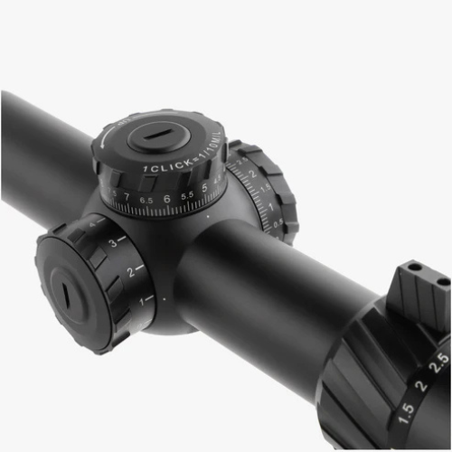 Detailed close-up of the 1/10 MIL exposed low-profile tactical turrets on the ORIGIN SFP scope.