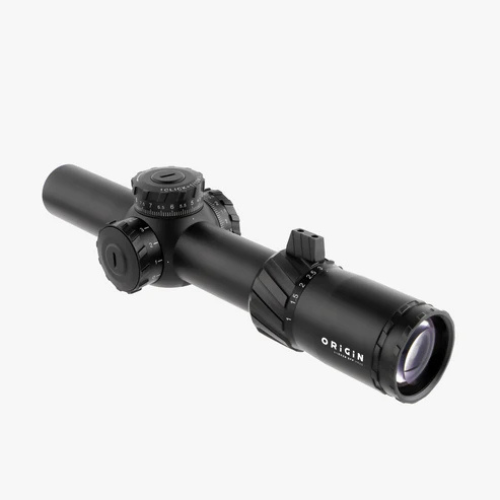 Rear angled view of the ORIGIN 1-10x28 SFP scope showing the ocular lens, throw lever, and magnification ring.
