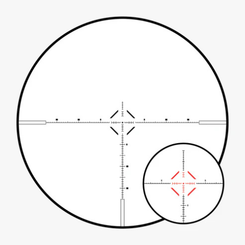 Clean view of the TAC 1 MRAD reticle featuring an illuminated red center diamond and 0.5 MRAD subtension hashmarks.