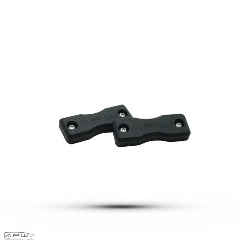 Pair of matte black APW M-LOK rifle weights displaying the engraved logo and mounting screws on a white background